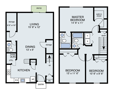 Floor plan for 3 beds, 2.5 baths, 1491 sqft
